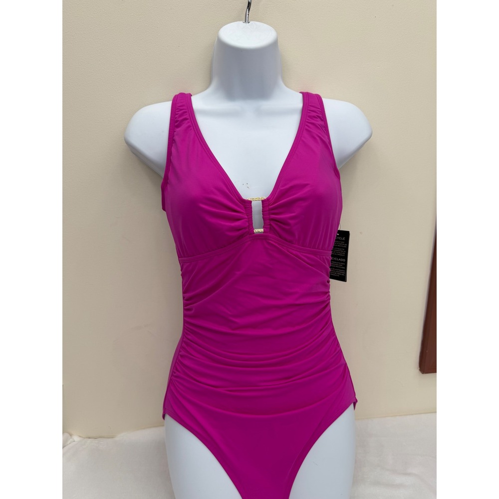 Lauren Ralph Lauren One Piece Swimsuit Women 8 Pink V-Neck Ruched $145